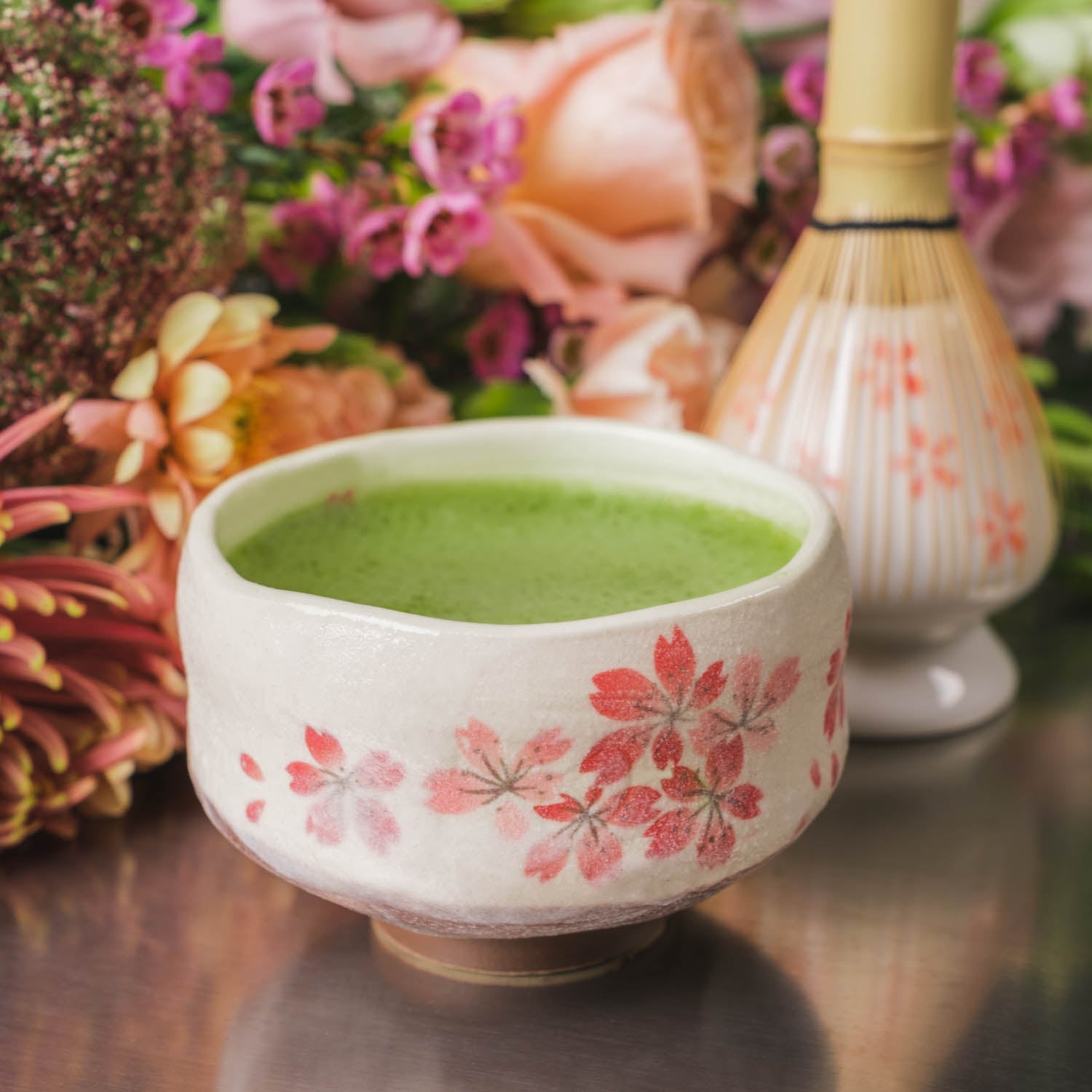 Matchaskål – Mönstrad Vit/Rosa